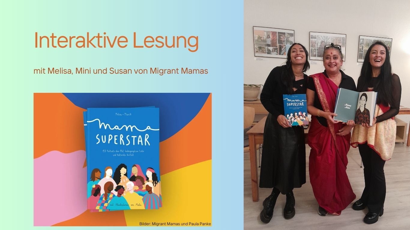 Susan, Mini und Melisa von Migrant Mamas mit dem Buch "Mama Superstar", aus dem sie bei Paula Panke gelesen haben